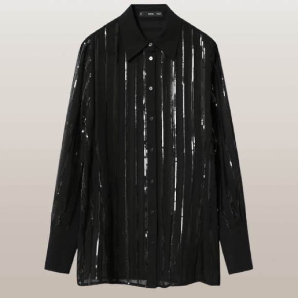 Mango- Black Sequins Button Down Top. Size: XS - Picture 4 of 10